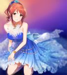  1girl bare_shoulders belly_chain blue_bow blue_dress blue_flower blue_nails blurry blurry_background blush bow bracelet breasts brown_eyes brown_hair collarbone dot_nose dress earrings flower gem gradient_background hair_bow hair_flower hair_ornament idolmaster idolmaster_cinderella_girls idolmaster_cinderella_girls_starlight_stage jewelry kneeling lace-trimmed_dress lace_trim large_breasts long_hair looking_at_viewer mifune_miyu momose_(oqo) multicolored_background necklace open_mouth pink_flower ponytail rose sash sidelocks simple_background sleeveless sleeveless_dress smile solo white_flower white_rose 