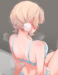  1girl absurdres back blonde_hair blush bra butt_crack ear_blush festa11307070 hair_ornament highres indie_virtual_youtuber low_twintails nape official_alternate_hairstyle panties pom_pom_(clothes) pom_pom_hair_ornament red_skirt shigure_ui_(vtuber) shirt short_hair short_twintails sitting skirt solo steaming_body sweat twintails underwear virtual_youtuber wet wet_clothes 