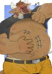  2023 5_fingers anthro araiguma_11 belly big_belly blush bottomwear bovid bovine brown_body bulge cattle clothed clothing clothing_lift fingers humanoid_hands kemono male mammal moobs nipples overweight overweight_male pants shirt shirt_lift solo topwear 