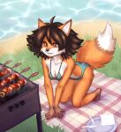  anthro bikini canid canine clothing elronya fan_character female food fox hair kebab mammal maple outside shashlik shish_kebab solo swimwear 