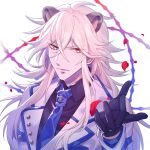  1boy aion_(show_by_rock!!) animal_ears black_gloves black_shirt blonde_hair blue_necktie coat collared_shirt gloves grey_coat lion_boy lion_ears long_hair long_sleeves looking_at_viewer male_focus mel6969 necktie parted_lips petals red_eyes shirt show_by_rock!! solo white_background 