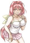  1girl absurdres ahoge breasts camisole cleavage collarbone gonrikiya hair_intakes hair_ribbon highres kagami_sumika leaning_forward long_hair looking_at_viewer medium_breasts muv-luv parted_lips pink_skirt pleated_skirt red_eyes red_hair ribbon skirt smile solo very_long_hair white_background white_camisole yellow_ribbon 