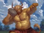  2023 abs anthro arm_hair armpit_hair barechested belly belly_hair biceps big_belly blue_eyes body_hair bovid bovine cattle chest_hair chest_tuft clothed clothing cloudscape deltoids forearm_hair forearms hair hair_over_eye hi_res highland_cattle holding_rock horn kilt male mammal manly musclegut muscular navel nipples obliques one_eye_obstructed outside pecs plant raised_arms rock shirtless shirtless_male shoulder_tuft sky slightly_chubby solo standing taran_fiddler topless topless_male track_and_field tree triceps tuft 