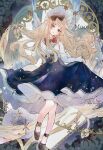  1girl art_nouveau blonde_hair blue_eyes crescent dress full_body gothic_lolita highres komorihikki lolita_fashion long_hair moon night original painting_(medium) pale_skin sky solo star_(sky) star_(symbol) starry_sky starry_sky_print traditional_media watercolor_(medium) 