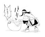  1girl ainu ainu_clothes aosode asirpa asirpa_clubs_the_seal_(meme) bandana cape commentary earrings fish full_body fur_cape golden_kamuy greyscale hitting holding holding_stick hoop_earrings jewelry long_hair long_sleeves meme monochrome motion_lines sacabambaspis short_hair simple_background solo speech_bubble standing stick translation_request triangle_mouth white_background 