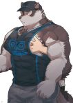  anthro baseball_cap blush bottomwear canid canine canis clothing disembodied_hand duo fur grey_body grey_fur groping_chest groping_from_behind hat headgear headwear hi_res horkeu_kamui_(tas) lifewonders male mammal muscular muscular_anthro muscular_male pec_grab sawch_cls shirt shorts simple_background tank_top tokyo_afterschool_summoners topwear white_background wolf 