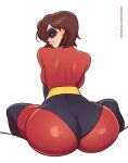  1girl artist_name ass ass_focus bodysuit brown_eyes brown_hair elastigirl facing_away highres looking_at_viewer looking_back medium_hair patreon_username simple_background solo the_incredibles toksie watermark web_address white_background 