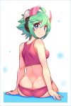  1girl ahoge azure_striker_gunvolt back bikini blue_eyes butt_crack closed_mouth commentary cougar_(cougar1404) green_hair headgear highres looking_at_viewer looking_back lowleg lowleg_bikini red_bikini red_headwear roro_(gunvolt) short_hair sitting smile solo swimsuit 