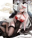 1girl absurdres aegir_(azur_lane) aegir_(golden_dragon_among_auspicious_clouds)_(azur_lane) arm_support azur_lane bare_arms bare_shoulders black_dress black_garter_straps black_gloves black_thighhighs blush breasts calligraphy_brush china_dress chinese_clothes cleavage commentary_request covered_navel criss-cross_halter dragon_horns dress earrings feet foot_out_of_frame garter_straps gloves hair_between_eyes halterneck hand_up highres holding holding_calligraphy_brush holding_paintbrush horn_ornament horns incense jewelry kandzume_(kandume200) leaning_to_the_side legs long_hair multicolored_hair no_shoes official_alternate_costume paintbrush panty_straps parted_lips pelvic_curtain red_dress red_hair sitting sleeveless sleeveless_dress slit_pupils smile smoke solo streaked_hair tassel thighhighs thighs toes two-tone_dress variant_set white_background white_hair yellow_eyes yokozuwari 