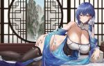  1girl black_thighhighs blue_hair blush breasts closed_mouth commentary commission dp-12_(echeveria_lantern)_(girls&#039;_frontline) dp-12_(girls&#039;_frontline) english_commentary foot_out_of_frame fuooooo girls&#039;_frontline grey_eyes hair_ornament highres jewelry large_breasts looking_at_viewer lying medium_hair official_alternate_costume on_side panties ring single_bare_shoulder skeb_commission smile thighhighs thighs underwear white_panties 