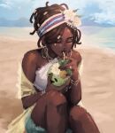  1girl absurdres artist_name bare_shoulders beach bikini bikini_top_only blue_shorts bracelet chuvuyaa closed_eyes coconut dark-skinned_female dark_skin day drinking drinking_straw earrings english_commentary facial_mark flower frilled_shorts frills hair_bun hair_flower hair_ornament highres hoop_earrings identity_v jewelry knee_up medium_hair multiple_bracelets multiple_rings necklace ocean off_shoulder open_clothes open_shirt outdoors patricia_dorval patricia_dorval_(tropical_holiday) red_lips ring sand see-through see-through_shirt shirt shorts sitting solo star_(symbol) strapless strapless_bikini swimsuit twitter_username very_dark_skin white_bikini white_flower yellow_shirt 