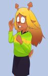  anthro blonde_hair bottomwear buckteeth clothing deer deltarune eyewear female freckles glasses hair hi_res hitsuji looking_at_viewer mammal noelle_holiday shocked skirt solo sweater teeth topwear undertale_(series) 