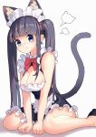 1girl animal_ear_fluff animal_ears apron arms_between_legs arukiru bare_arms bare_legs black_footwear black_hair blue_eyes blunt_bangs blush bow bowtie breasts cat_ears cat_girl cat_tail cleavage clenched_hands closed_mouth collared_dress dress foot_out_of_frame frilled_dress frills highres leaning_forward light_blush long_hair looking_at_viewer maid maid_headdress medium_breasts nose_blush original pout red_bow red_bowtie shadow shoes short_dress sidelocks simple_background sitting sleeveless sleeveless_dress solo straight_hair tail tail_raised twintails two-tone_dress v-shaped_eyebrows wariza white_apron white_background 