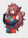  1girl android_21 black_sleeves breasts checkered_clothes checkered_dress detached_sleeves dragon_ball dragon_ball_fighterz dress earrings glasses grey_background hoop_earrings jewelry kemachiku long_hair looking_at_viewer majin_android_21 medium_breasts red_eyes red_hair simple_background smile solo 
