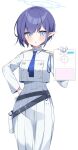  1girl aoi_(blue_archive) blue_archive blue_eyes blue_hair blue_necktie gloves hand_on_own_hip highres holding looking_at_viewer murase48 necktie pants pointy_ears short_hair solo standing white_gloves white_pants 