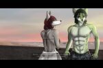  absurd_res anthro bikini canid canine canis clothed clothing dess_(moiidesho) digital_media_(artwork) duo eyewear female film_scenes fox glasses green_body green_hair grey_body hair hi_res male male/female mammal moiidesho muscular muscular_male pubes red_hair romantic romantic_couple simple_background sky smile suki_(moiidesho) swimwear text wolf 