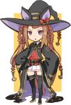  1girl :&lt; angry animal_ears belt black_belt black_cape black_footwear boots border brown_hair buckle cape ear_covers full_body hair_rings hat horse_ears katahira_masashi long_hair long_sleeves looking_at_viewer pleated_skirt purple_eyes red_shirt shirt skirt sleeves_past_wrists solo standing sweep_tosho_(umamusume) thigh_boots triangle_mouth umamusume white_border white_skirt witch_hat yellow_background 