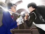  2boys ace_attorney black_hair blue_suit blurry blurry_background bow bowtie eye_contact formal gloves holding holding_sword holding_weapon indoors kaeru30th katana long_hair long_sleeves looking_at_another male_focus multiple_boys phoenix_wright phoenix_wright:_ace_attorney_-_dual_destinies ponytail red_bow red_bowtie short_hair simon_blackquill spiked_hair suit sword weapon white_gloves 
