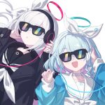  2girls absurdres arona_(blue_archive) black_choker black_coat black_hairband black_sailor_collar black_serafuku blue_archive blue_hair blue_halo choker coat colored_inner_hair commentary grey_hair hair_over_one_eye hairband halo headphones highres long_hair long_sleeves makai_no_juumin multicolored_hair multiple_girls neckerchief open_clothes open_coat open_mouth parted_lips pink_hair plana_(blue_archive) red_halo sailor_collar school_uniform serafuku short_hair simple_background smile sunglasses symbol-only_commentary white_background white_choker white_neckerchief white_sailor_collar 