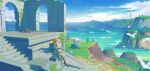  absurdres bird blue_tunic cloud highres light_brown_hair link nature ocean ruins scenery short_ponytail sitting sky sword sword_on_back the_legend_of_zelda the_legend_of_zelda:_breath_of_the_wild weapon weapon_on_back white_bird wide_shot x.x.d.x.c 