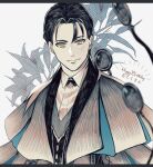  1boy birthday black_bow black_bowtie black_hair bow bowtie fate/grand_order fate_(series) floral_background flower formal green_eyes happy_birthday highres looking_at_viewer magnifying_glass male_focus nekko_chaaaaan sherlock_holmes_(fate) short_hair smile solo upper_body white_background 