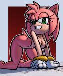  all_fours amy_rose anthro breasts clothing eulipotyphlan female gloves green_eyes half-closed_eyes handwear hedgehog hi_res looking_at_viewer mammal mostly_nude narrowed_eyes nipples nude pink_body pink_skin sega smile solo sonic_the_hedgehog_(series) tighesammy 