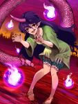  13-gou 1girl barefoot clothes_writing fingernails fire green_shirt green_shorts horns long_hair nail_polish open_mouth pink_horns pointy_ears purple_hair red_eyes red_nails shirt short_sleeves shorts single_horn smile solo syringe tail tenkajin_chiyari test_tube touhou 