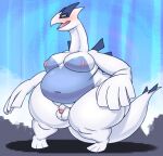  2023 anthro axoarts balls big_butt black_eyes blue_body blue_tail blush butt digital_media_(artwork) generation_2_pokemon genitals half-closed_eyes hi_res huge_butt legendary_pokemon looking_away lugia male moobs multicolored_body narrowed_eyes navel nintendo nipples nude obese obese_anthro obese_male overweight overweight_anthro overweight_male penis pink_nipples pokemon pokemon_(species) small_penis solo standing tail thick_thighs three-quarter_view tongue two_tone_body two_tone_tail white_body white_tail 