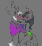  anthro bat black_hair blush braided_hair canid canine canis ceyemeka duo embrace eyeliner girly hair hands_behind_head hi_res hug kissing makeup male male/male mammal megabat steban_(ceyemeka) surprise_kiss surprised_expression tail val_(ceyemeka) white_hair wings wolf 