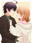 1boy 1girl ahoge black_hair black_jacket blonde_hair blush border clenched_teeth closed_eyes earrings green_sweater hand_on_another&#039;s_chest hikigaya_hachiman isshiki_iroha jacket jewelry looking_at_another outside_border pink_sweater profile red_hayao short_hair simple_background single_earring sweater teeth white_border white_jacket yahari_ore_no_seishun_lovecome_wa_machigatteiru. yellow_background 