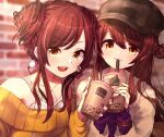  2girls bare_shoulders blush breasts brick brown_hair brown_headwear bubble_tea camisole closed_mouth collarbone cup disposable_cup dot_nose double_bun drinking drinking_straw earrings hair_between_eyes hair_bun hand_up hands_up hat holding holding_cup idolmaster idolmaster_shiny_colors jewelry lens_flare long_hair long_sleeves looking_at_viewer medium_breasts multiple_girls open_mouth osaki_amana osaki_tenka plaid_headwear purple_nails purple_shirt shirt siblings single_hair_bun sisters smile sweater swept_bangs twins upper_body white_camisole white_sweater yellow_eyes yellow_sweater zinenjo_imo 