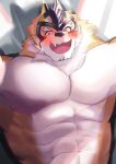  abs absurd_res anthro blush fal_vanz felid hi_res lifewonders live_a_hero looking_at_viewer lying male mammal mask muscular muscular_anthro muscular_male on_back pantherine pecs ryekie_(live_a_hero) shirtless smile solo superhero tiger 