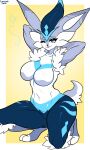  absurd_res anthro big_breasts blue_body blue_fur breasts cinderace digital_media_(artwork) female fur generation_8_pokemon hi_res kneeling lagomorph leonifa mammal nintendo nude one_eye_closed open_mouth pokemon pokemon_(species) simple_background smile solo white_body white_fur wink 