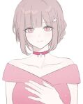  1girl bare_shoulders breasts closed_mouth collarbone danganronpa_(series) danganronpa_10th_anniversary_costume danganronpa_2:_goodbye_despair dress galaga hair_ornament highres large_breasts looking_at_viewer nanami_chiaki official_alternate_costume pink_dress short_hair short_sleeves simple_background smile solo ujuui_msmz white_background 