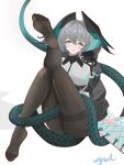  1girl aqua_wings arknights ass black_pantyhose breasts coat green_eyes grey_hair head_wings highres ho&#039;olheyak_(arknights) large_breasts long_sleeves looking_at_viewer open_clothes open_coat pantyhose short_hair simple_background snake_tail soles solo tail white_coat wings 