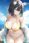  animal_ears ass_visible_through_thighs bikini black_hair blue_eyes blue_sky bob_cut breasts cleavage cloud commentary cowboy_shot day eishin_flash_(umamusume) flower hair_between_eyes hair_flower hair_ornament highres horizon horse_ears horse_girl horse_tail large_breasts ocean open_clothes open_shirt outdoors shirt short_hair sky swept_bangs swimsuit tail umamusume uu-tan_(hushigi10) white_shirt yellow_bikini 