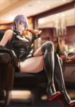  1girl black_footwear black_gloves black_leotard blurry blurry_background boots chainsaw_man champagne_bottle champagne_flute covered_nipples crossed_legs cup drinking_glass earrings elbow_gloves fami_(chainsaw_man) fishnets food gloves grey_hair high_heel_boots high_heels highres holding holding_food holding_pizza jewelry leotard lobster looking_at_viewer mole mole_under_eye mole_under_mouth multiple_moles open_mouth pizza ringed_eyes short_hair sitting solo spykeee tassel tassel_earrings thigh_boots yellow_eyes 