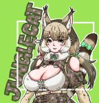  1girl animal_ears bare_shoulders belt breasts camouflage cat_ears cat_girl cat_tail elbow_gloves extra_ears gloves green_background green_eyes grey_hair highres jungle_cat_(kemono_friends) kemono_friends kemono_friends_v_project large_breasts long_hair looking_at_viewer microphone ribbon shirt simple_background skirt solo tail taku_san39 twintails upper_body virtual_youtuber 