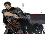  armor bandaged_hand bandages bandolier berserk black_cloak black_hair blood blood_on_clothes blood_on_weapon cloak dragonslayer_(sword) fairy flying grin guts_(berserk) holding holding_sword holding_weapon lechephran parted_lips prosthesis prosthetic_arm puck_(berserk) short_hair shoulder_armor signature simple_background smile spiked_hair sword teeth torn_cloak torn_clothes upper_body weapon white_background 
