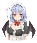 1girl alternate_costume amagi_(amagi626) arms_at_sides black_dress blue_hair blush bow bowtie breasts buttons center_frills cleavage closed_mouth cropped_torso detached_collar dress enmaided eyelashes frilled_sleeves frills heart highres light_blue_hair looking_at_viewer maid maid_headdress puffy_short_sleeves puffy_sleeves red_bow red_bowtie red_eyes remilia_scarlet short_hair short_sleeves simple_background small_breasts smile solo standing touhou translated upper_body white_background wing_collar 