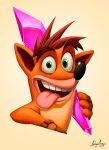  1boy absurdres brown_gloves crash_bandicoot crash_bandicoot_(series) crystal dated fingerless_gloves gloves green_eyes highres holding_crystal open_mouth portrait signature simple_background solo sommum teeth tongue tongue_out upper_teeth_only watermark 