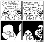  animated_skeleton annoyed bone brother brothers clothing comic costume dialogue duo eyeless gloves handwear hoodie humanoid humor male maxoke open_mouth papyrus_(undertale) pun rubber_band sans_(undertale) scarf sibling skeleton smug smug_face speechless sweater talking_to_another teeth topwear undead undertale undertale_(series) 