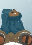  0ottotto0 2023 absurd_res anthro bear black_nose bottomwear brown_body bulge clothing hi_res kemono male mammal outside overweight overweight_male pants sitting snow snowing solo sweater topwear 