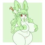 2023 absurd_res anthro areola belly beverage big_breasts breasts brown_eyes cinnamon_(spice) cup_of_tea digital_media_(artwork) eeveelution eyelashes fan_character female generation_6_pokemon genitals green_areola green_eyes green_nipples hair hi_res holding_breast huge_breasts leaf long_hair looking_at_viewer mintyspirit nintendo nipples pokemon pokemon_(species) pussy short_stack simple_background slightly_chubby solo sylveon tea thick_thighs 