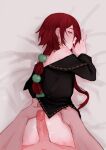  1boy 1other androgynous bare_shoulders black_dress blush chons12324 commentary crimson_(ragna_crimson) dress earrings erection green_eyes hands_on_another&#039;s_hips highres jewelry lips long_hair long_sleeves looking_at_viewer looking_back on_bed parted_lips pink_nails ponytail ragna_(ragna_crimson) ragna_crimson red_hair single_earring sweat symbol-only_commentary very_long_hair 