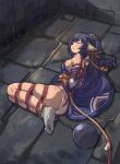  1girl absurdres animal_ears anklet arms_behind_back ball_and_chain_restraint bare_legs bdsm bell black_hair bondage bound bound_arms bound_legs bound_toes breasts cat_tail closed_eyes collar commentary_request crotch_rope cuffs detached_sleeves full_body highres indoors jewelry kuon_(utawarerumono) legs_folded long_hair low-tied_long_hair lying medium_breasts nero_augustus on_floor on_side panties restrained reverse_prayer rope sash shibari shibari_over_clothes sideboob socks solo stone_floor tabi tail underwear utawarerumono utawarerumono:_itsuwari_no_kamen white_panties white_socks 