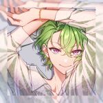  1boy blurry_border bracelet closed_mouth dangle_earrings earrings ensemble_stars! floral_print floral_print_shirt green_hair green_shirt grey_background jewelry looking_at_viewer male_focus mcopoon purple_eyes see-through see-through_shirt shirt short_hair signature smile solo tomoe_hiyori 
