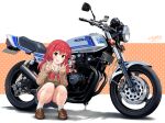  1girl blue_skirt bocchi_the_rock! brown_footwear brown_shirt dated double_v flick_(sal23) full_body green_eyes honda honda_cb750k kita_ikuyo loafers looking_at_viewer motor_vehicle motorcycle neckerchief one_side_up open_mouth pleated_skirt red_hair red_neckerchief sailor_collar school_uniform shirt shoes shuka_high_school_uniform skirt socks solo squatting thighs twitter_username v white_sailor_collar white_socks 