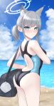  absurdres animal_ear_fluff animal_ears ass bag beach black_one-piece_swimsuit blue_archive blue_eyes blue_sky blush breasts cloud competition_swimsuit cowboy_shot cross_hair_ornament day extra_ears from_behind grey_hair hair_ornament halo highres horizon likuo looking_at_viewer looking_back low_ponytail medium_hair mismatched_pupils multicolored_clothes multicolored_swimsuit nose_blush ocean official_alternate_costume one-piece_swimsuit outdoors shiroko_(blue_archive) shiroko_(swimsuit)_(blue_archive) sky small_breasts standing swimsuit wolf_ears 