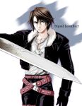  1boy belt black_gloves black_jacket black_pants blue_eyes brown_hair chain_necklace commentary_request cropped_jacket facing_viewer final_fantasy final_fantasy_viii frown fur-trimmed_jacket fur_trim gacharunta gloves holding holding_sword holding_weapon jacket jewelry light_frown long_sleeves male_focus multiple_belts necklace pants red_belt scar scar_on_face serious shirt shirt_tucked_in short_hair solo squall_leonhart standing sword weapon white_shirt 